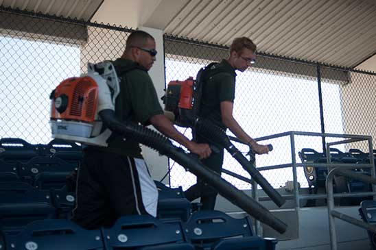 blowing the stands at the stadium